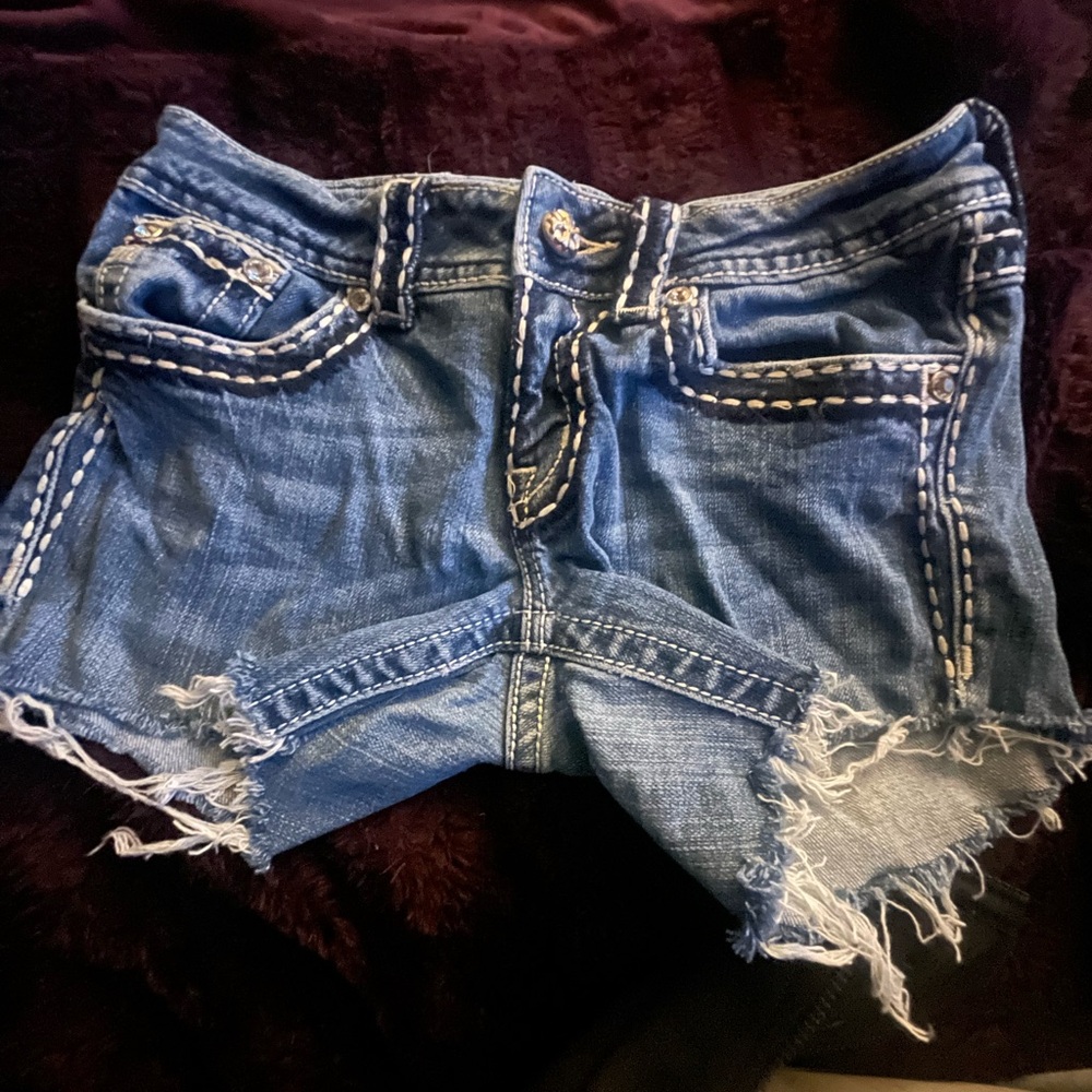 Miss Me Blue Distressed Denim Shorties